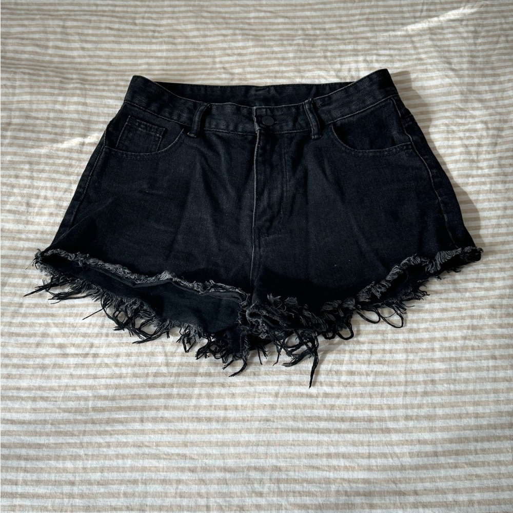 Distressed Black Denim Shorts with Flame Pocket